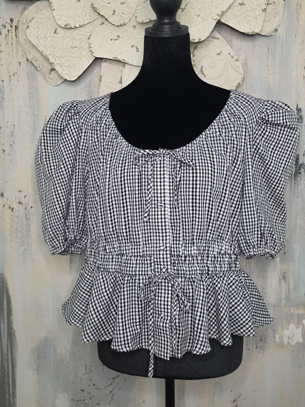 Joie Black & White Gingham Peplum Puff Sleeve Crop Top Size Large